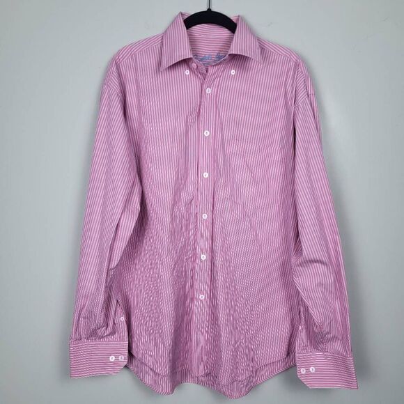Bugatchi Uomo Mens M Button Down Shirt Pink White Stripe Long Sleeve Stretch - Picture 1 of 8